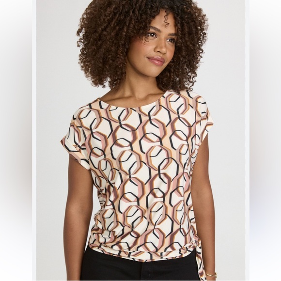Laura Tops - Laura Geometric Cap Sleeve Top Side Tie White Brown Pattern